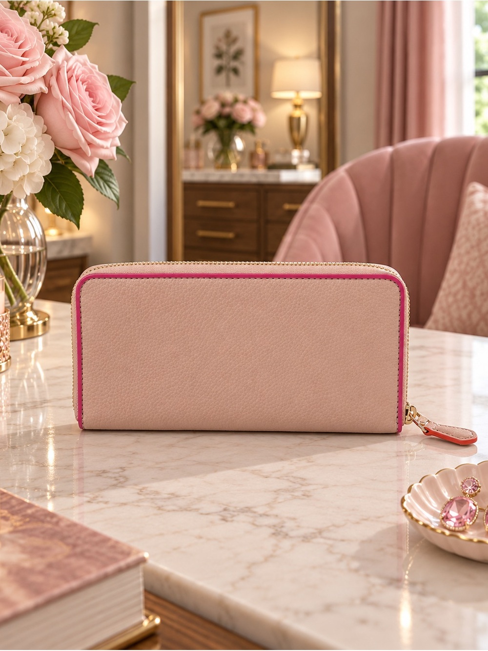 COACH Accordion Zip Around Wallet Beige Leather Pink & Orange Edge Paint - Picture 3 of 7